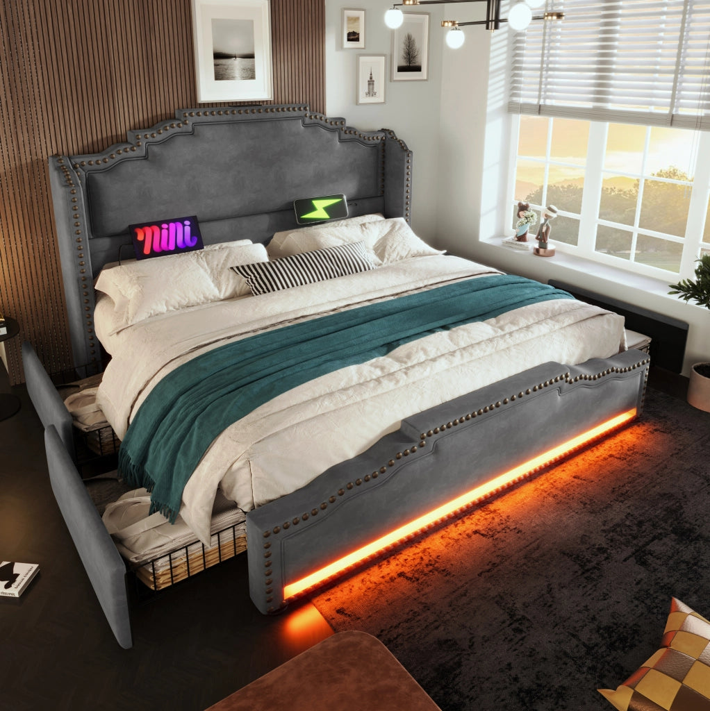 Letto matrimoniale con LED, USB-C e 4 cassetti