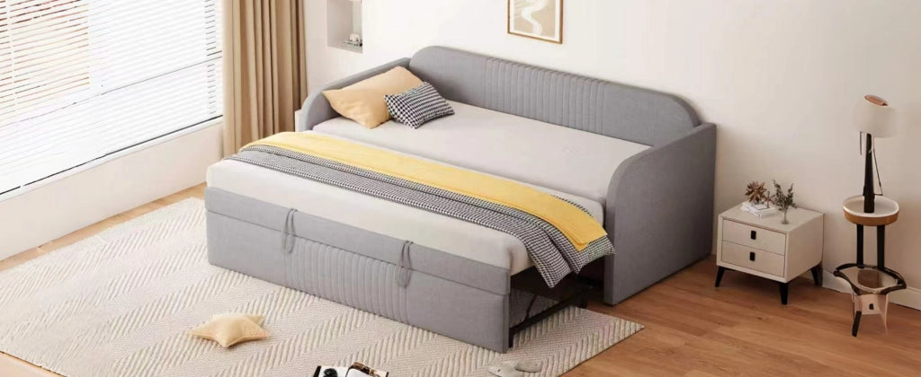 DESMIU Divano letto 90 × 190 cm 2 posti con struttura sollevabile e righe verticali, senza materasso, grigio chiaro