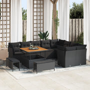 Set Divano da Giardino con 12 Pezzi e Cuscini Nero Polyrattan Acacia