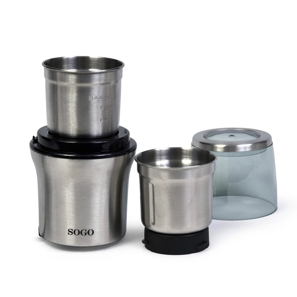 Macinacaffè elettrico con tritatutto, 2 contenitori acciaio inox 100g, macinazione secco e umido 300W cucina - SOGO