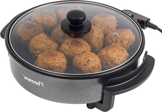 Piastra elettrica per feste con coperchio lucido - Piastra snack con trattamento antiscivolo - 1500W - Nero - ø 285 cm