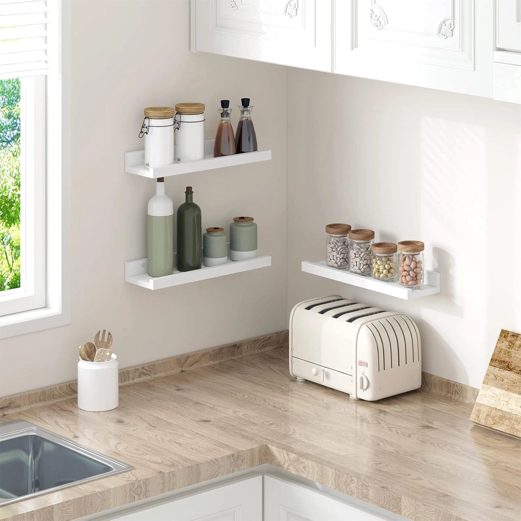 Set di 3 Mensole da Muro, Mensole Bianche in Legno, Ripiani per Cucina Salvaspazio, Mensole per Cameretta, Bagno, Soggiorno, 60x12x5 cm