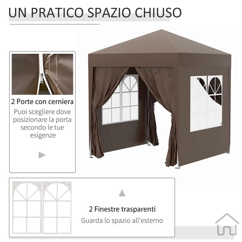 GAZEBO PIEGHEVOLE CON 4 PARETI RIMOVIBILI E BORSA DA TRASPORTO IN METALLO E POLIESTERE 2X2X2.4 M MARRONE