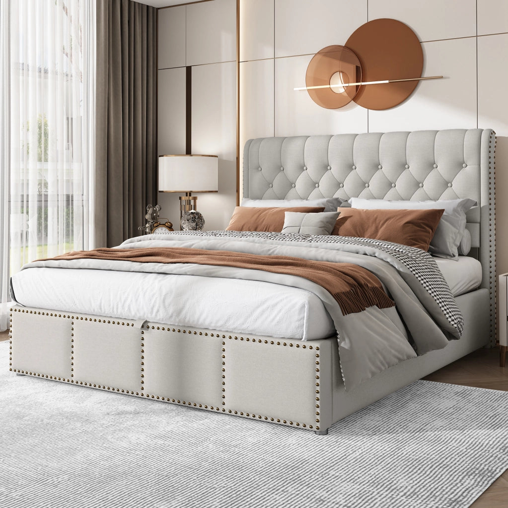 Letto imbottito grigio con vano contenitore e testiera 103 cm, 140 x 190 cm