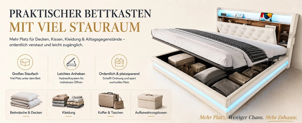 Letto contenitore imbottito 180x200 cm in velluto beige con testiera multifunzionale, LED, USB e tipo C