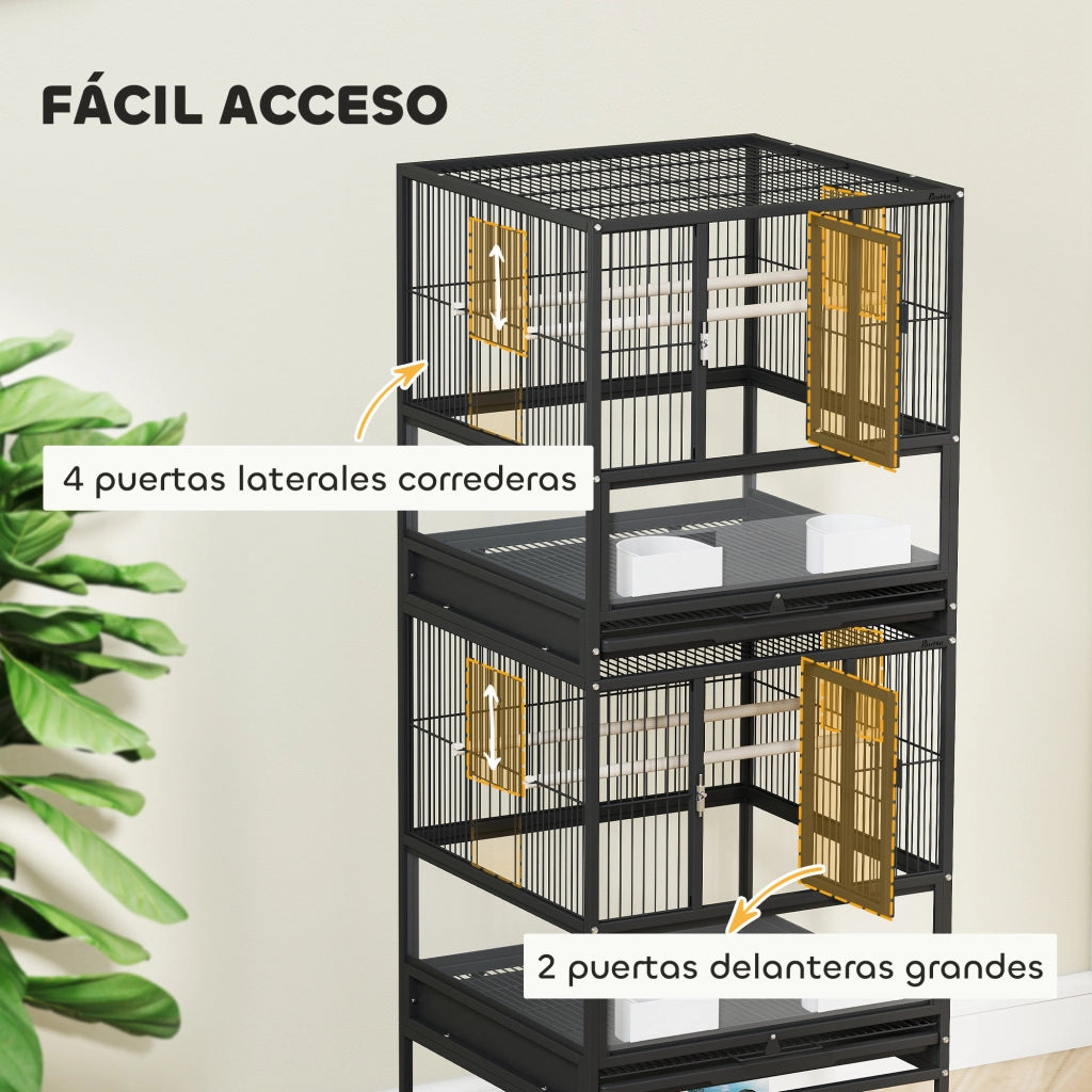 Gabbia per Uccelli 2 Livelli con Pannelli Acrilici ¨C zephmum ¨C Nero 48x46x134.5 cm