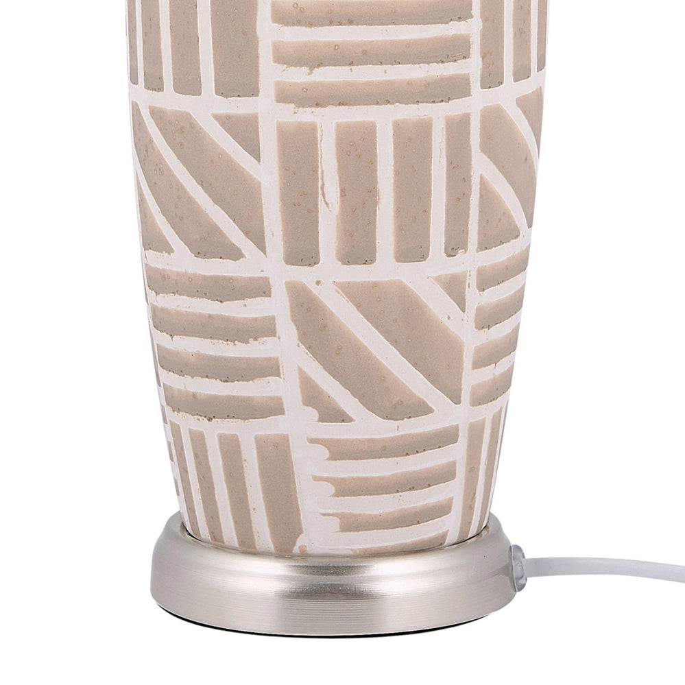 Lampada da comodino in ceramica beige e bianca 48 cm motivo a righe con paralume a tamburo tradizionale