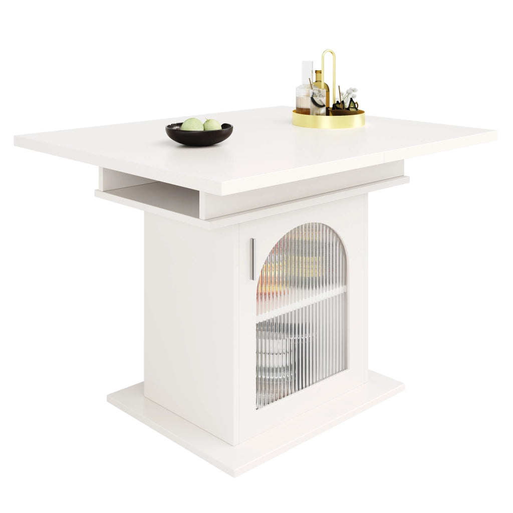 Tavolo da pranzo allungabile per 6-8 persone con 3 ripiani e ante in vetro, in MDF e vetro, bianco, 110 × 80 × 76 cm