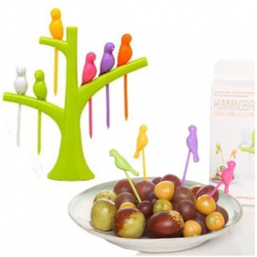 Trade Shop - Set 2 Supporti Alberi 6 Porta Forchette Da Frutta Forma Uccellini Spiedini -