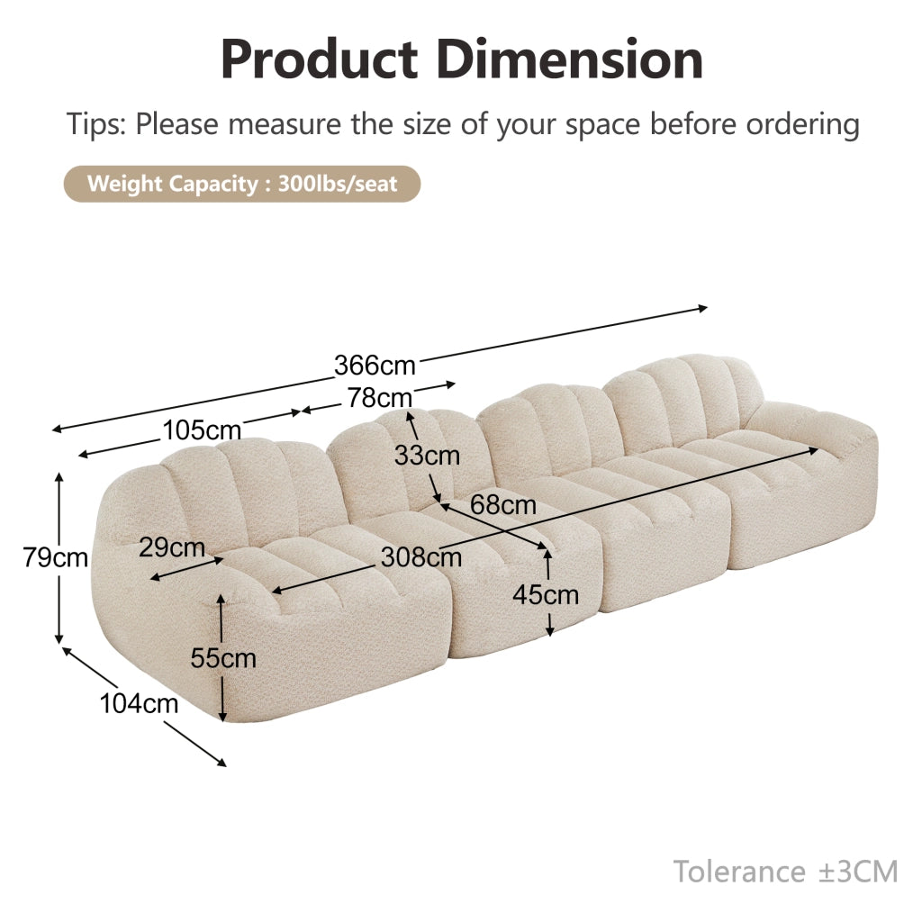 Divano modulare 4 posti senza struttura; seduta profonda; schiuma 32D; pile granulato beige bianco