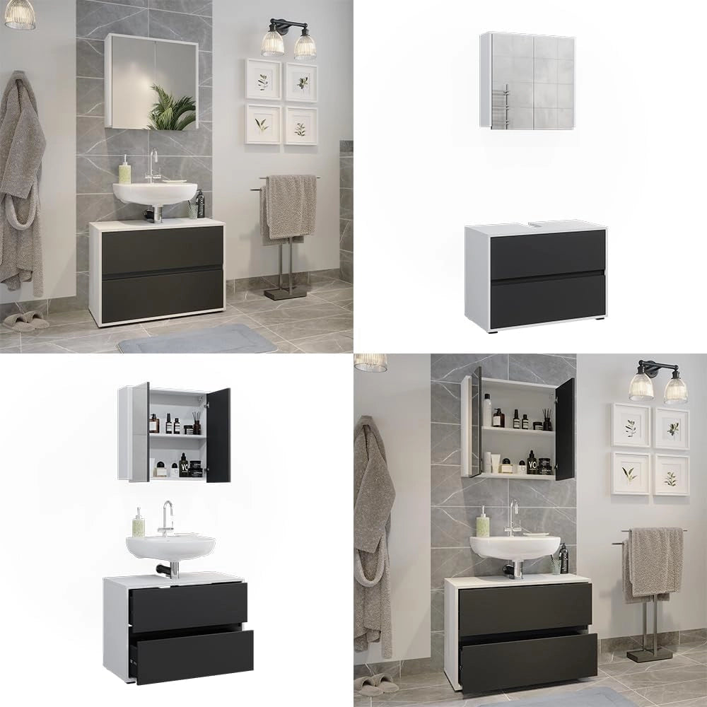 Set di mobili da bagno Maltin, Bianco/antracite, 80 cm, composto da specchio da bagno e mobile sottolavabo