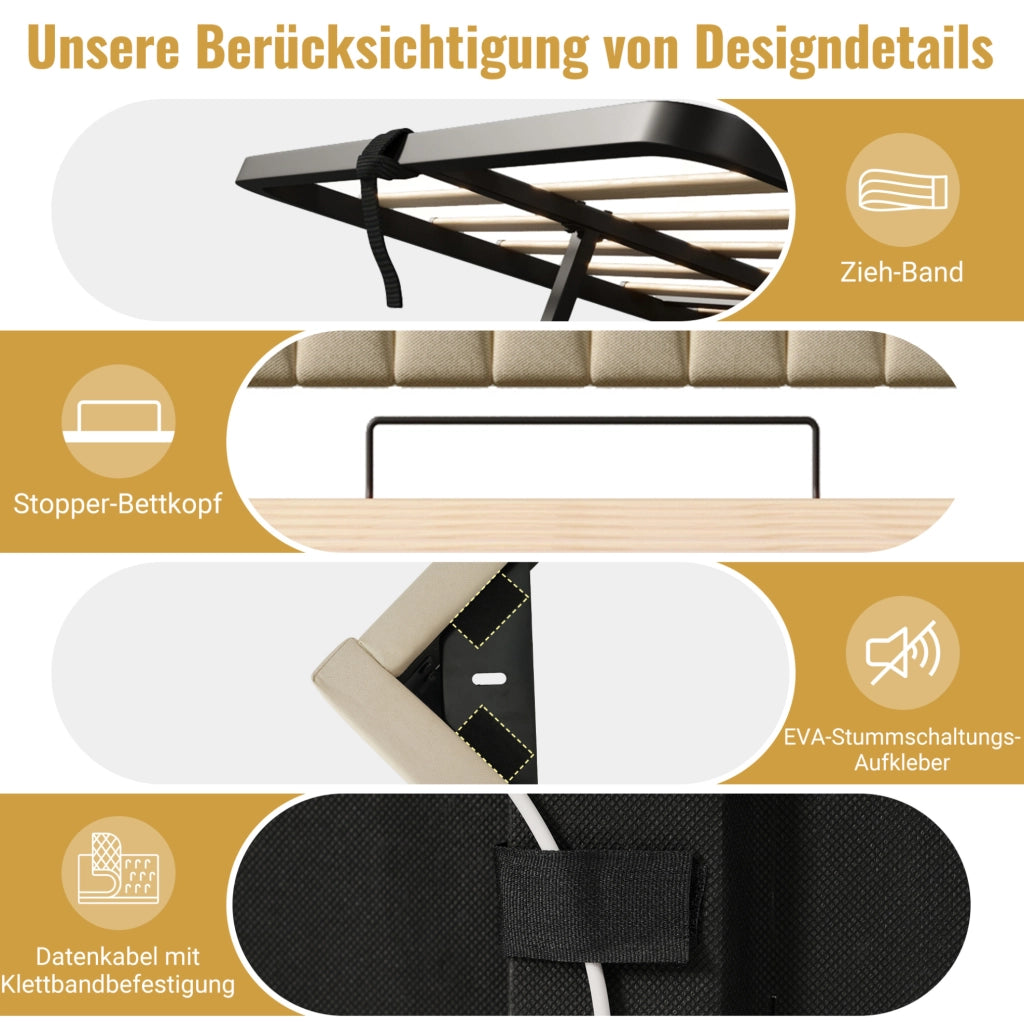 Letto 140x200 cm beige con LED, USB-C, contenitore e materasso