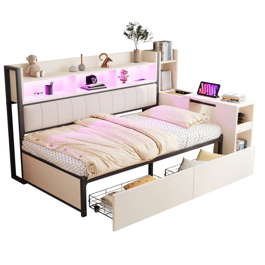 Letto 90x200 cm con scrivania estraibile e vani contenitore in metallo e legno