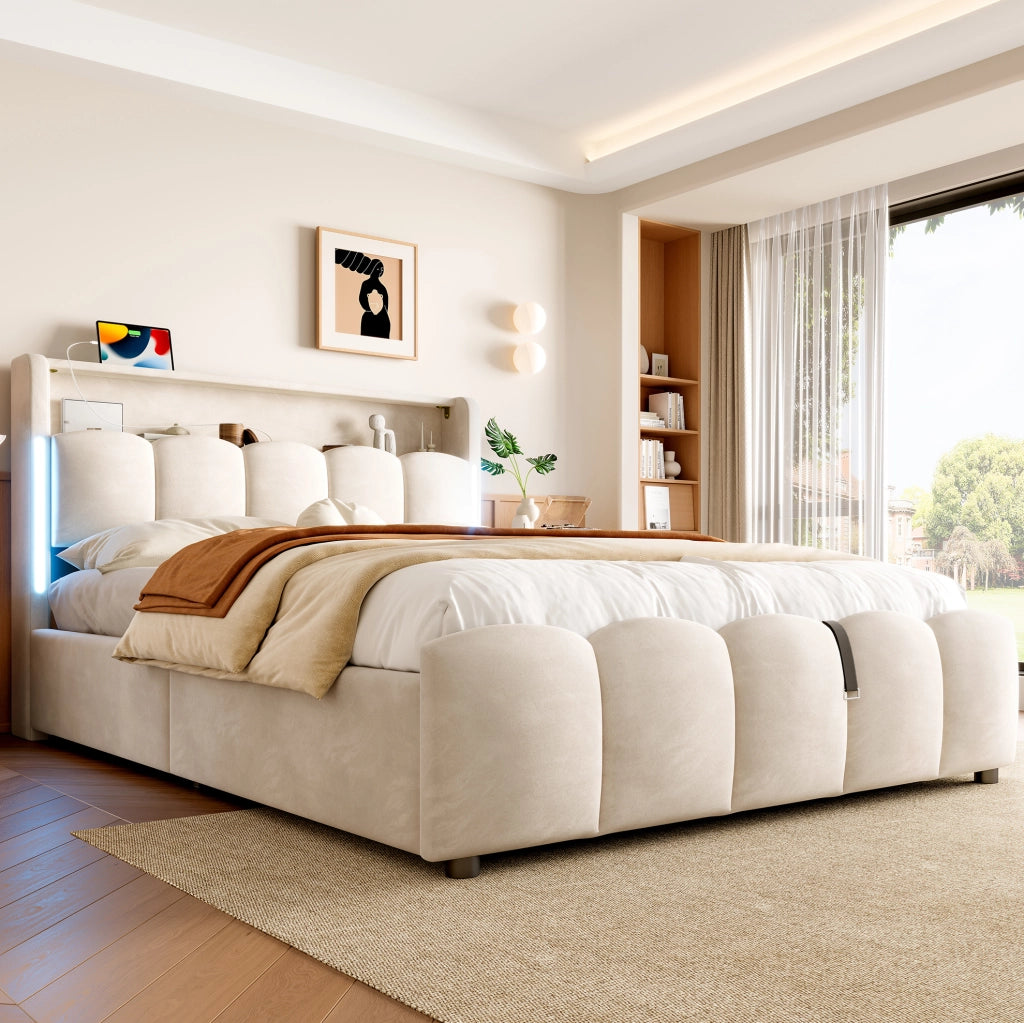 Letto imbottito 140 x 200 cm con contenitore idraulico; LED; USB e Type-C; velluto beige