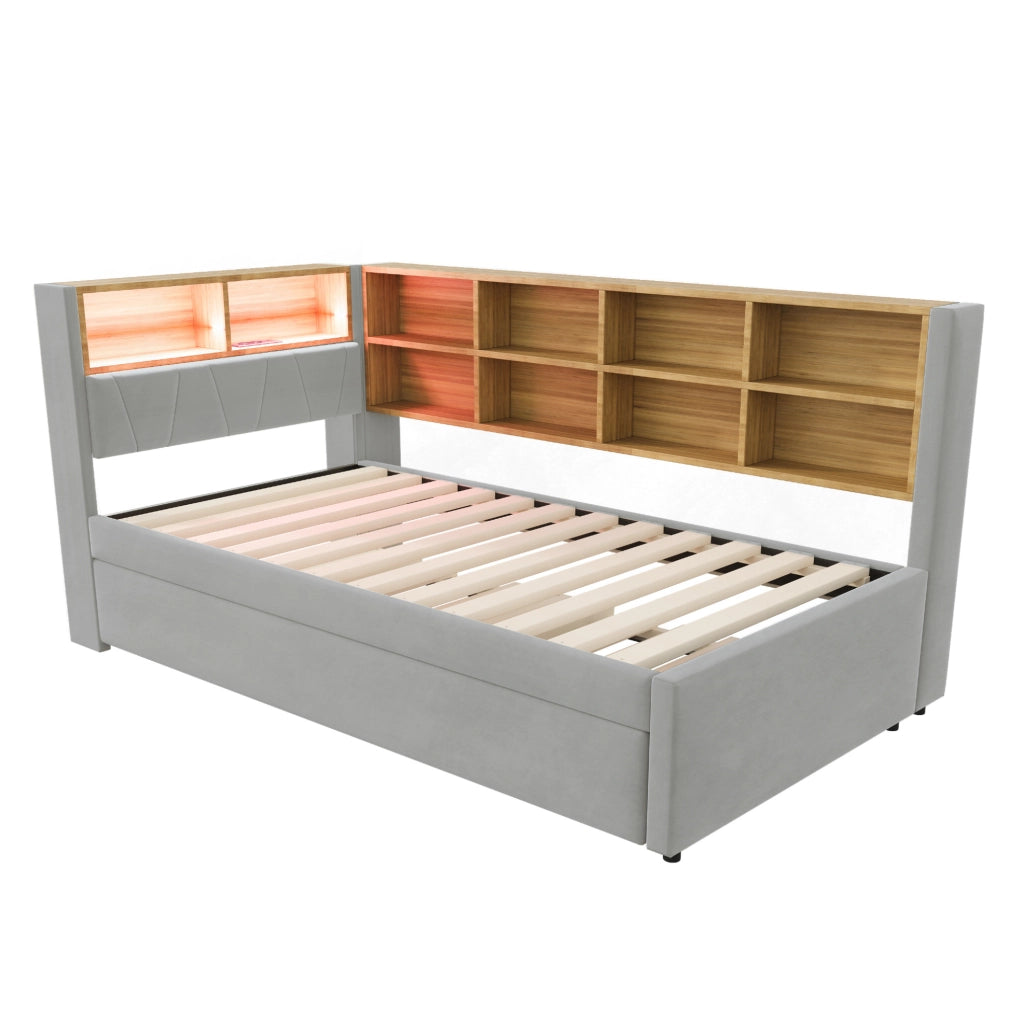 Divano letto multifunzione 90x200 cm con letto estraibile 90x190 cm; LED; USB e contenitori; grigio chiaro