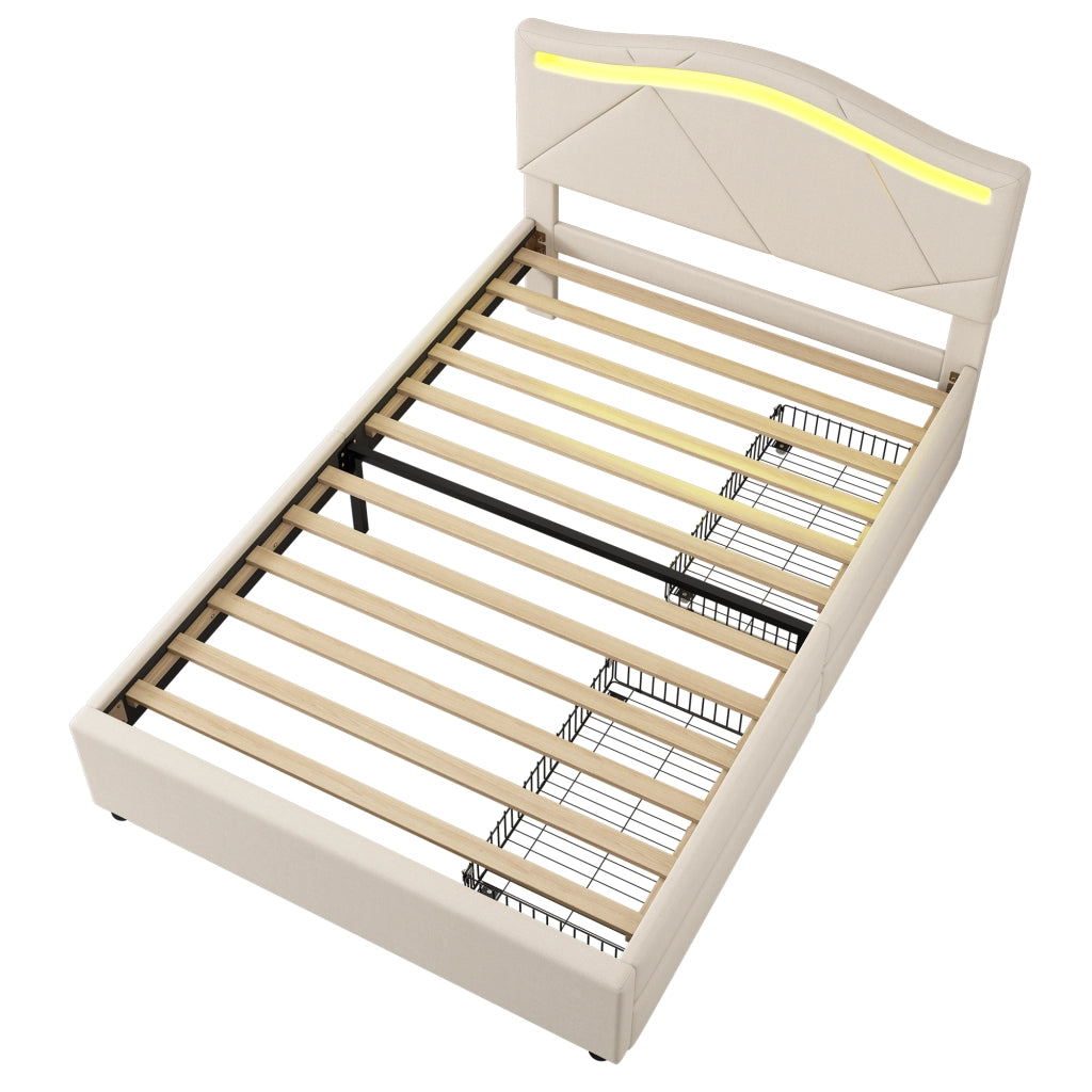 Letto singolo 90×200 cm con 2 cassetti; LED; testiera regolabile; senza materasso; in lino beige
