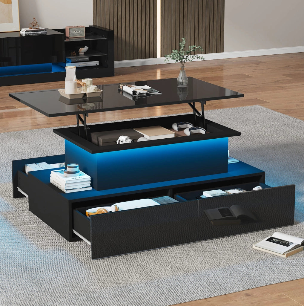Tavolino da caff猫 90x55x41 cm; con LED e piano estraibile; truciolato; nero lucido