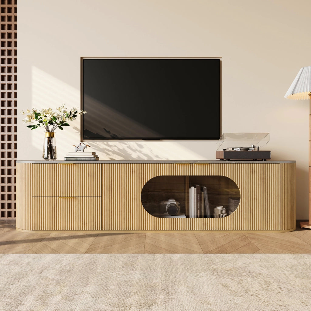 OKWISH Mobile TV con Vetrina Ovale in Vetro Grigio e Vani Chiusi, Stile Minimalista, per Soggiorno, MDF, 172 x 38 x 45.5 cm
