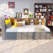 Divano letto multifunzionale 90x200 cm con letto estraibile 90x190 cm, LED, prese, vano contenitore, flanella grigio scuro