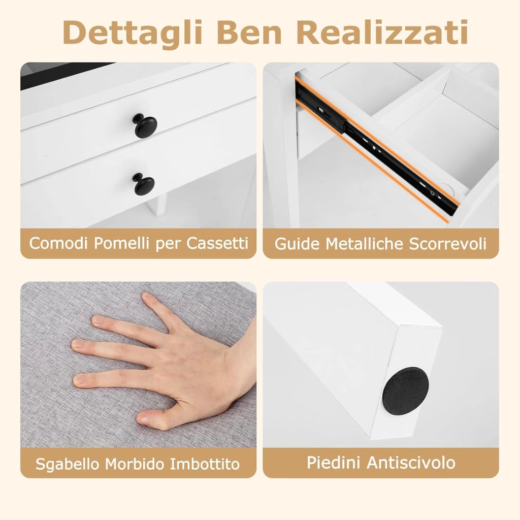 Toeletta Trucco con Luci LED e Sgabello Imbottito, Specchiera con Stazione di Ricarica e Luminosità Regolabile, Set Consolle Trucco con Piano in Vetro Temperato e 2 Cassetti (Bianco)