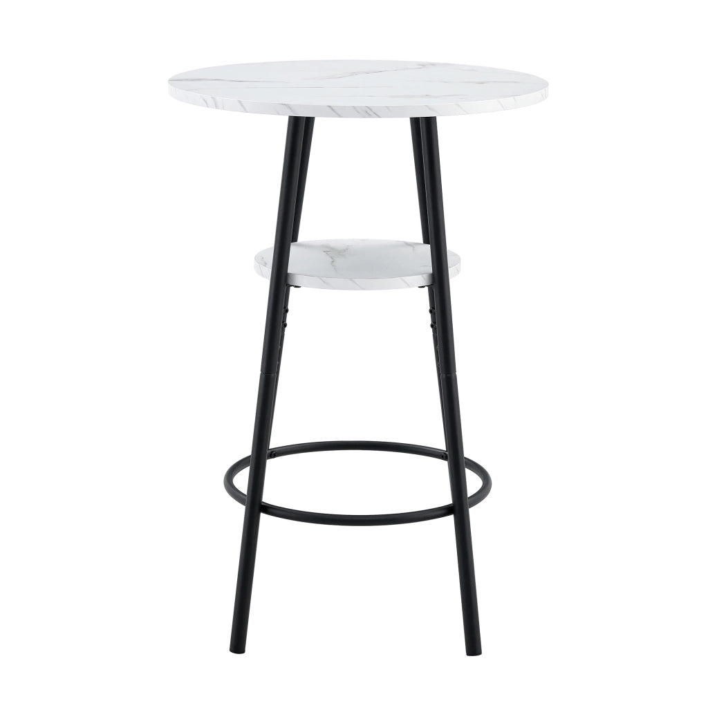 Tavolo da bar con doppio ripiano, effetto marmo bianco e struttura in metallo nero, per cucina e soggiorno, 60 × 89 cm
