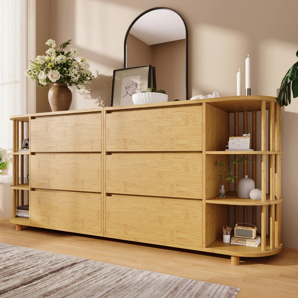 CREDENZA 160x40x75 cm in MDF e bambù effetto quercia, 6 cassetti e ripiani aperti