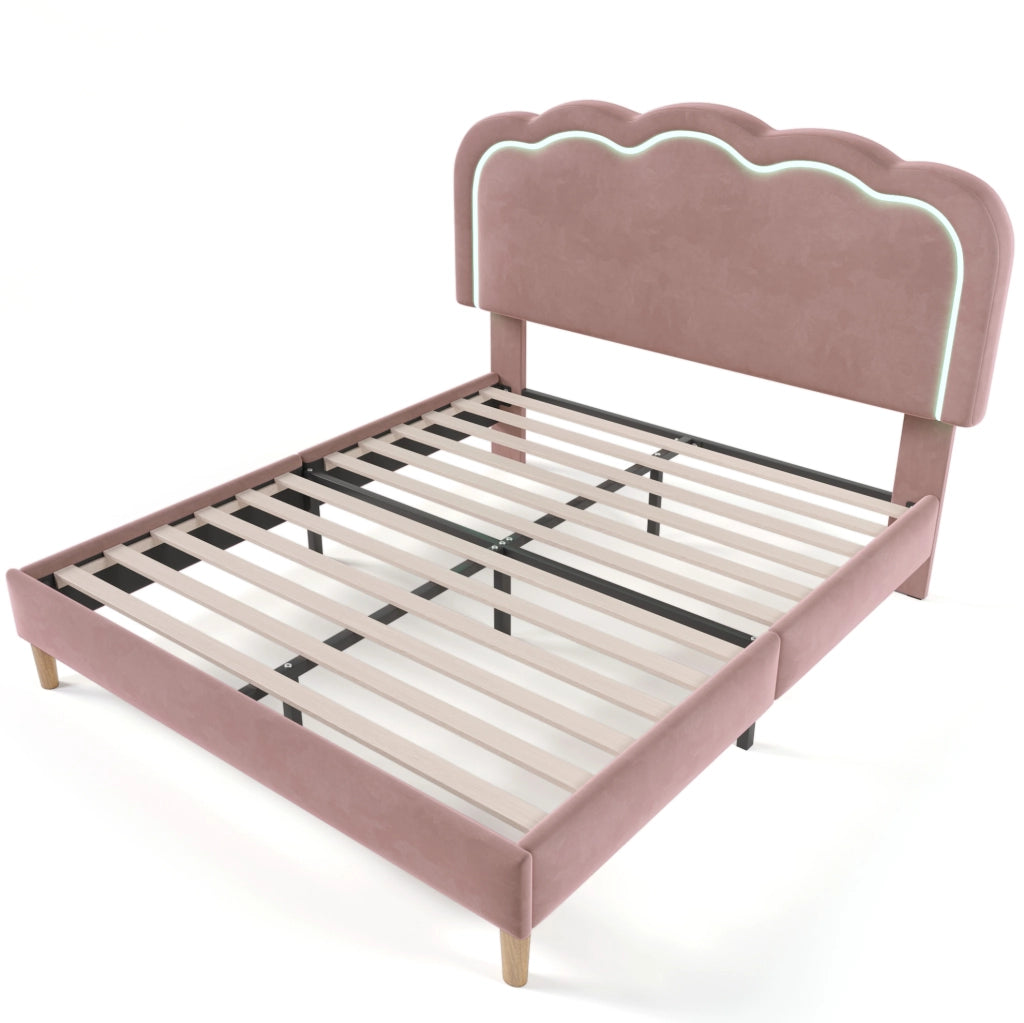 Letto imbottito ULEVR 140x200 cm con testiera regolabile e LED multicolore, velluto rosa