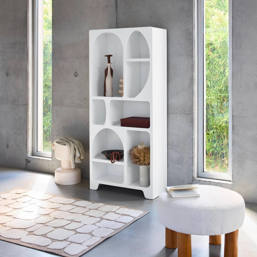 Libreria organica bianca effetto legno con 8 vani, bianco