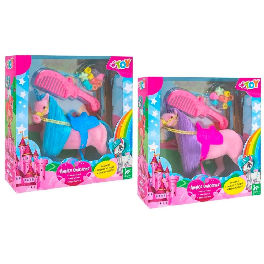 Trade Shop - Cavallo Amico Unicorno Floccato Con Accessori Perline Pettine Gioco Per Bimbe -