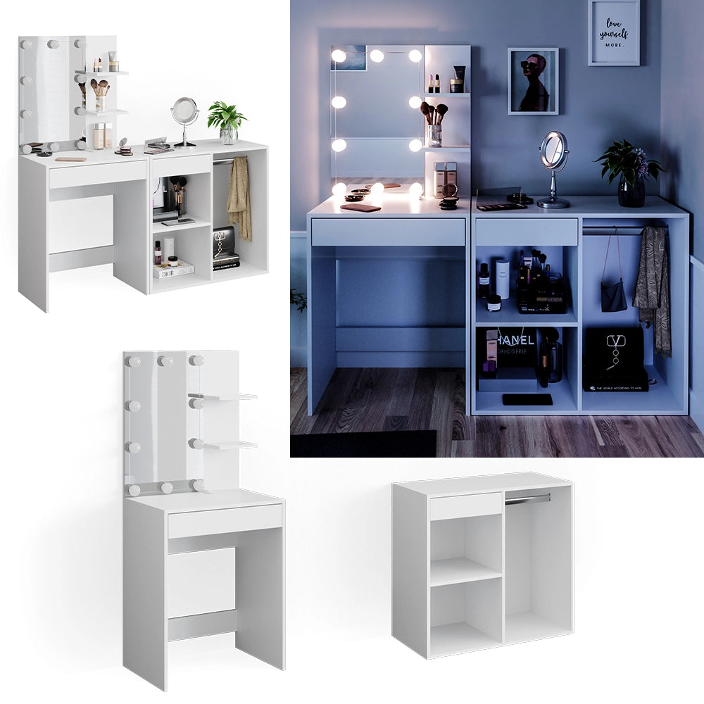 Vicco Tavolo da toeletta Bianco 140 cm con illuminazione LED e armadio
