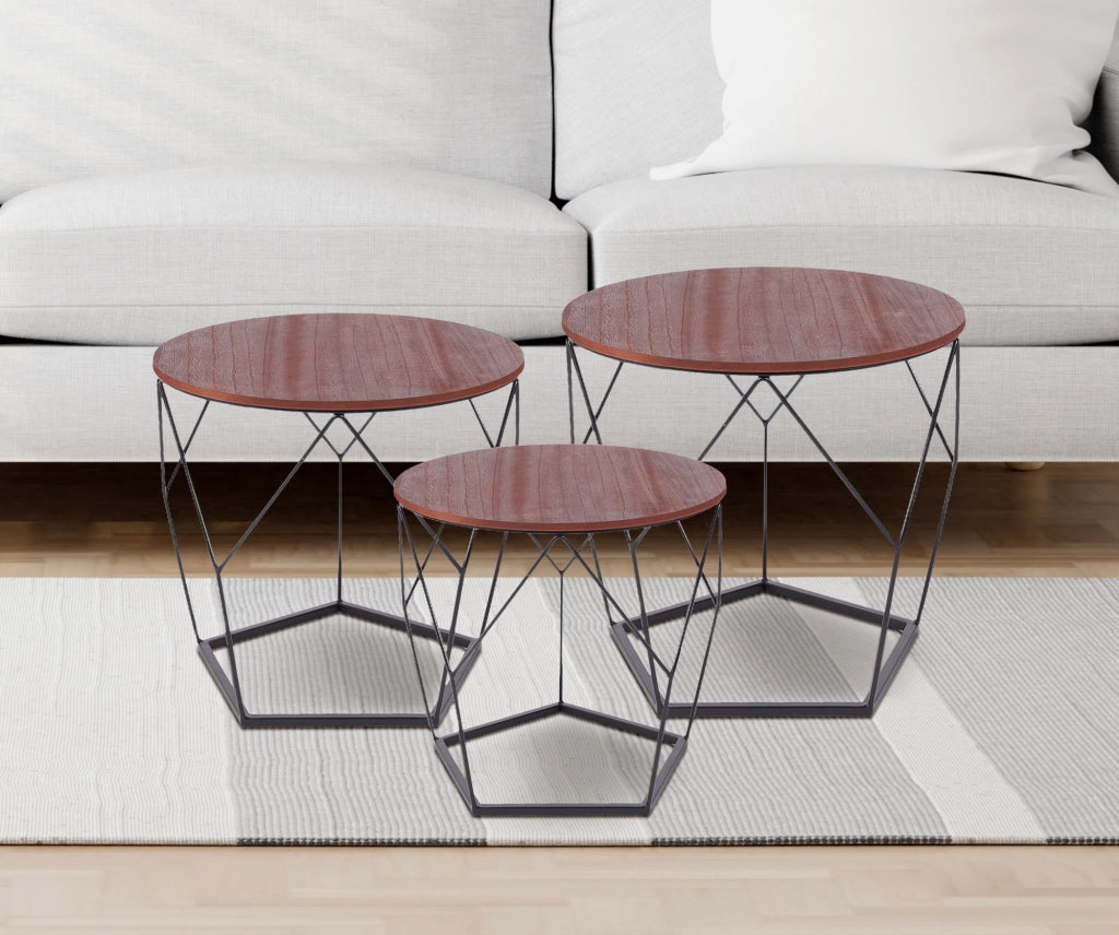Set 3 Tavolini Da Salotto Sovrapponibili Rotondi Design Moderno Tavolino Da Caffè Estraibili Mobile Soggiorno Tavolo Divano Top In Legno Struttura In Acciaio Stile Industrial Vano Porta Oggetti  - Marrone - Modello 3