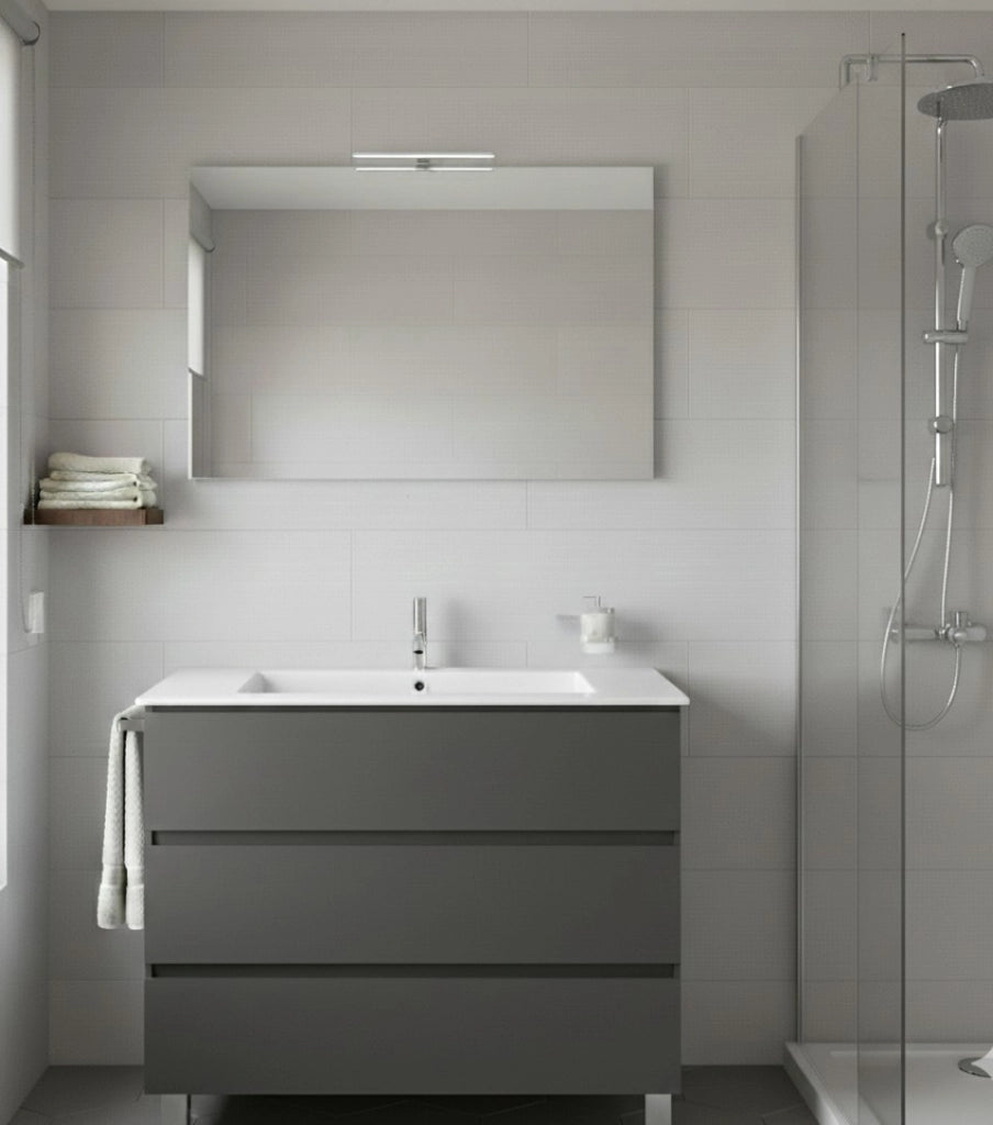 Mobile Bagno BALDER Già Montato 3 cassetti con piedini, lavabo e specchio Grafite 120x45 cm 1 lavabo