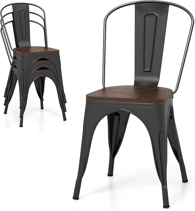 Set di 4 Sedie da Pranzo Impilabili 53 x 44,5 x84 cm, Sedie da Bar con Schienale Alto, Struttura in Legno e Acciaio, Ideale per Balcone, Cortile e Ristorante (Nero)