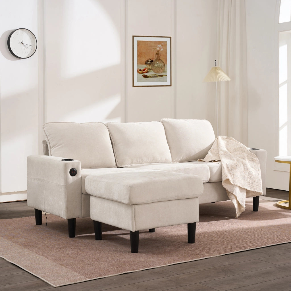 Divano Angolare 3 Posti con USB, Porta Type-C, Pouf Modulare e Portabicchieri, in Lino, Beige