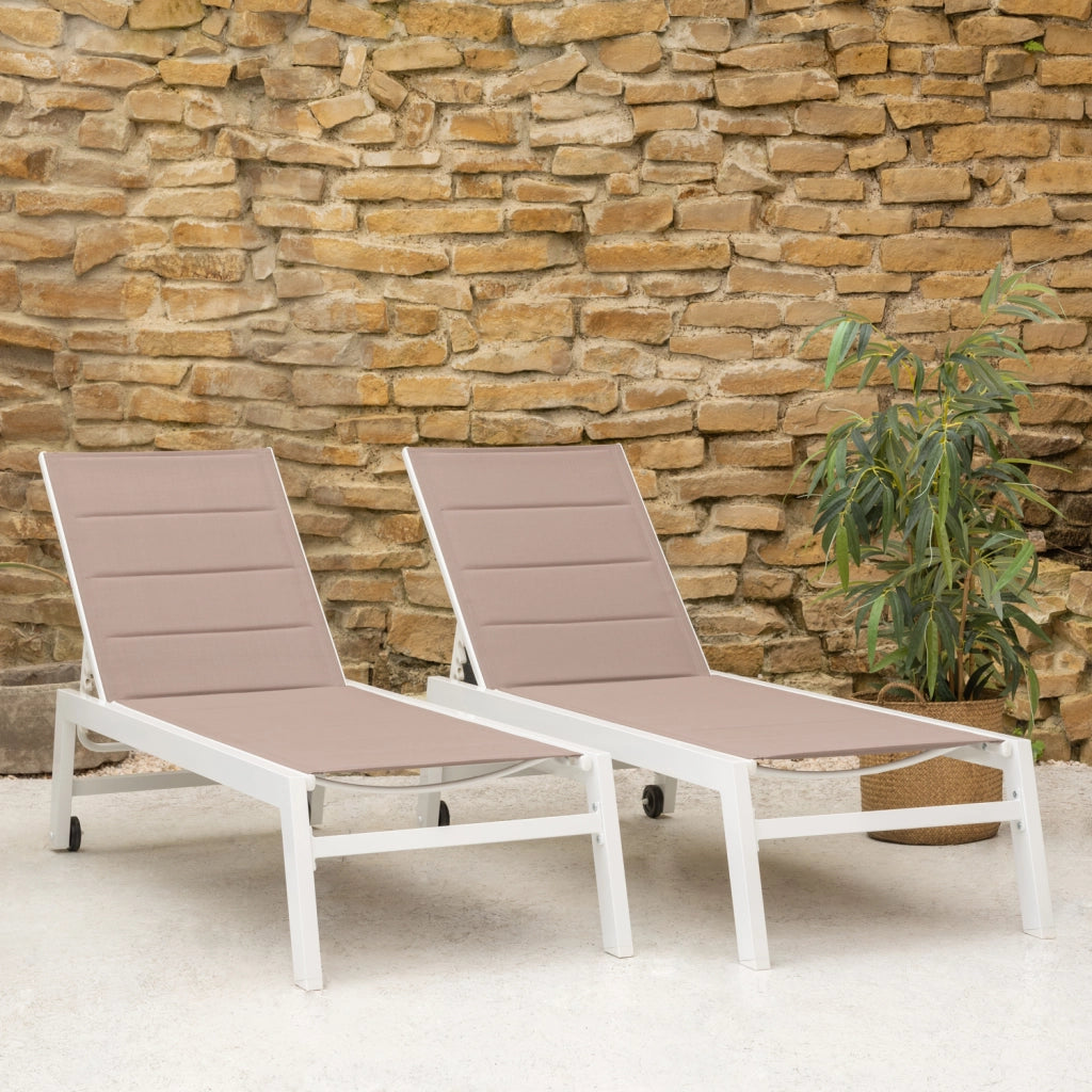 Set di 2 lettini BARBADOS in textilene tortora - alluminio bianco