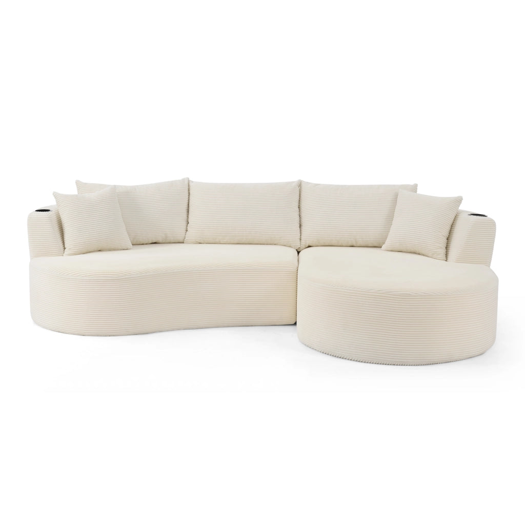 Divano Angolare 3 Posti con Chaise Longue ¨C MINIMAL ¨C Tessuto a Coste, Beige, con Cuscini e Portabicchieri