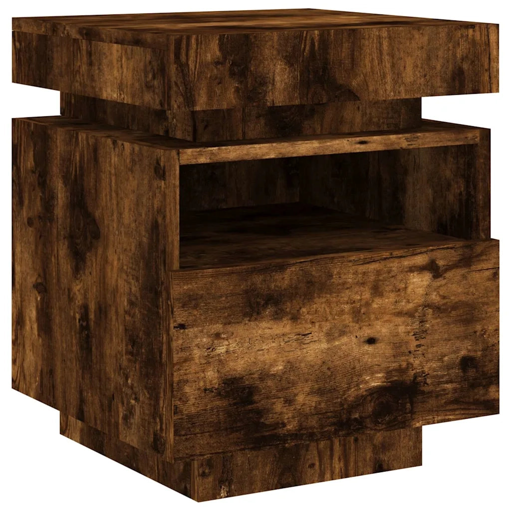 Comodino con Luci LED-Tavolino da notte Rovere Fumo 40x39x48,5 cm
