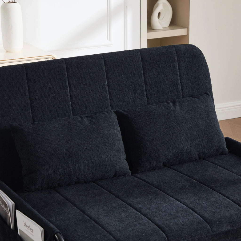 Divano letto due posti in ciniglia nera 104 cm con struttura in metallo