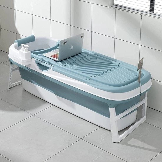 Badetto pieghevole per adulti - ideale per piccole cabine da bagno - contenitore per sapone cuscino di supporto - pratica e portatile - colore blu