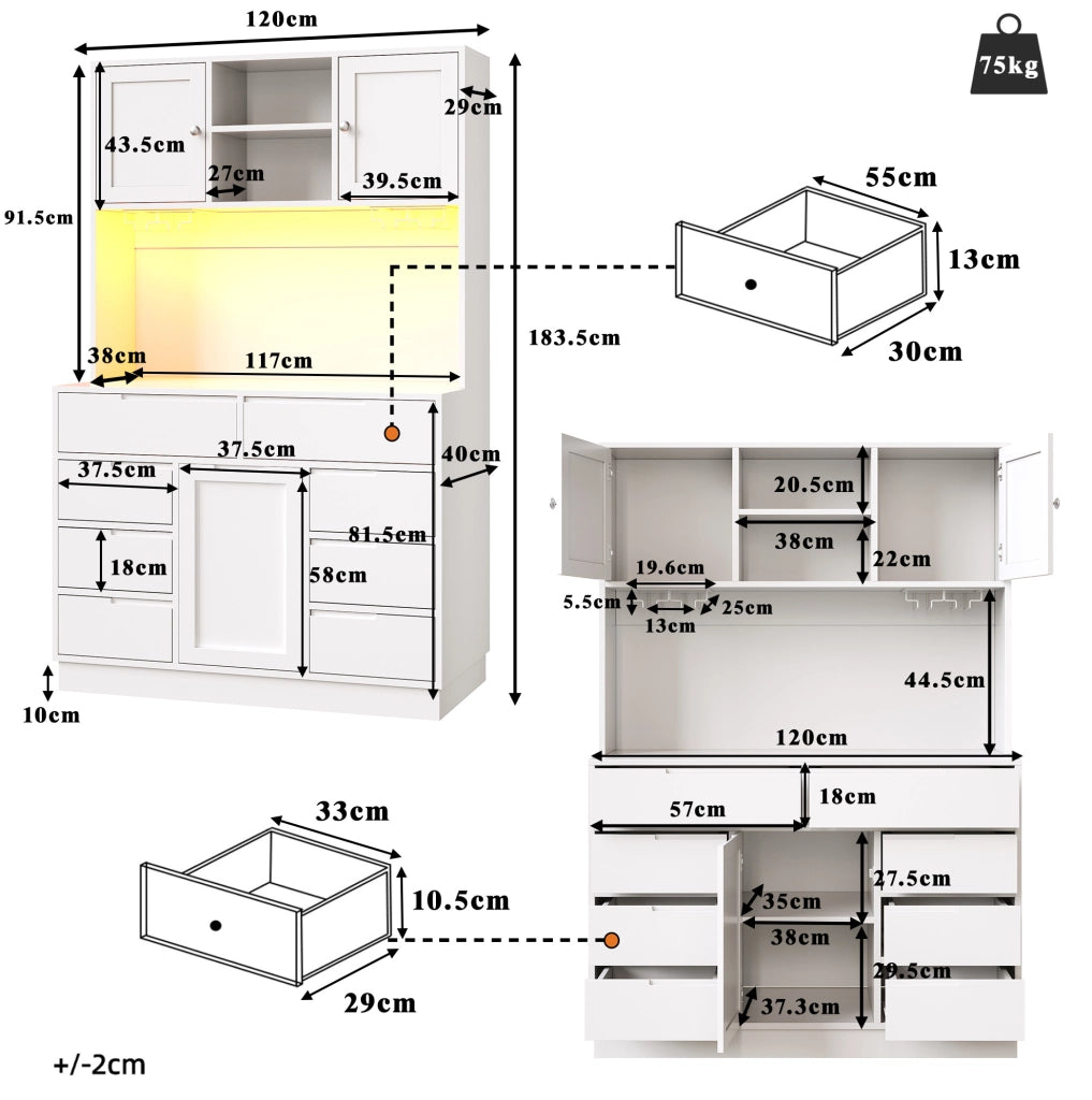 Mobile colonna cucina bianco con LED smart, 8 cassetti e ripiani regolabili, 120×40×183,5 cm