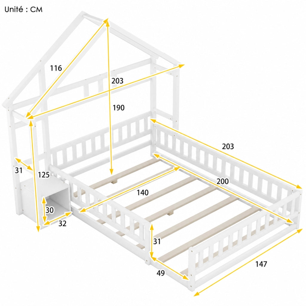 DESMIU Letto a Casetta per Bambini 140 × 200 cm 2 Posti con Sponda e Comodino, Senza Materasso, Bianco