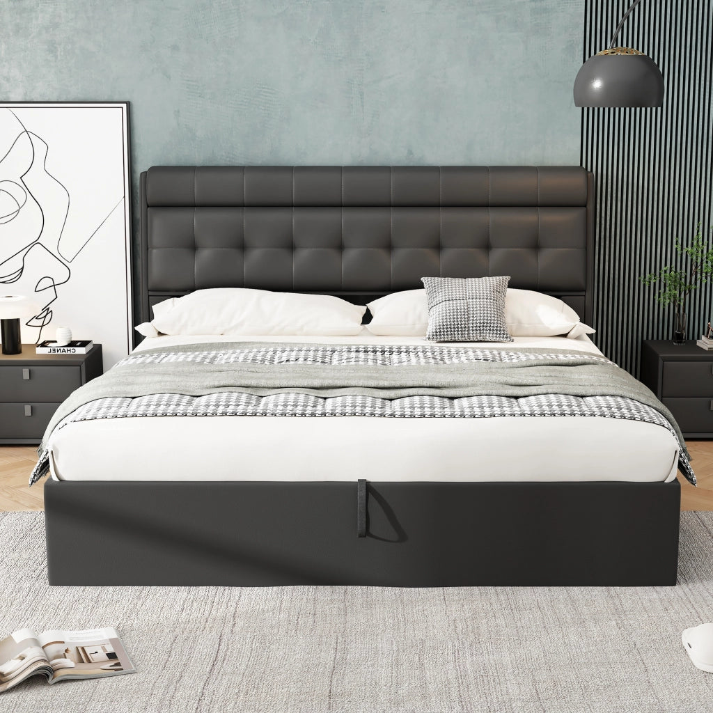 Letto imbottito elegante - Zephmum - 180x200 - Nero - Idraulico, ripiano testata nascosto, cassone