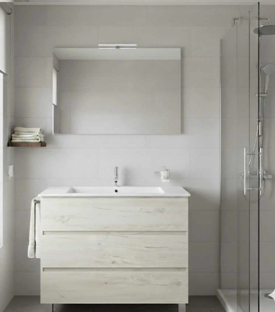 Mobile Bagno BALDER Già Montato 3 cassetti con piedini, lavabo e specchio Bianco nordico 60x45 cm