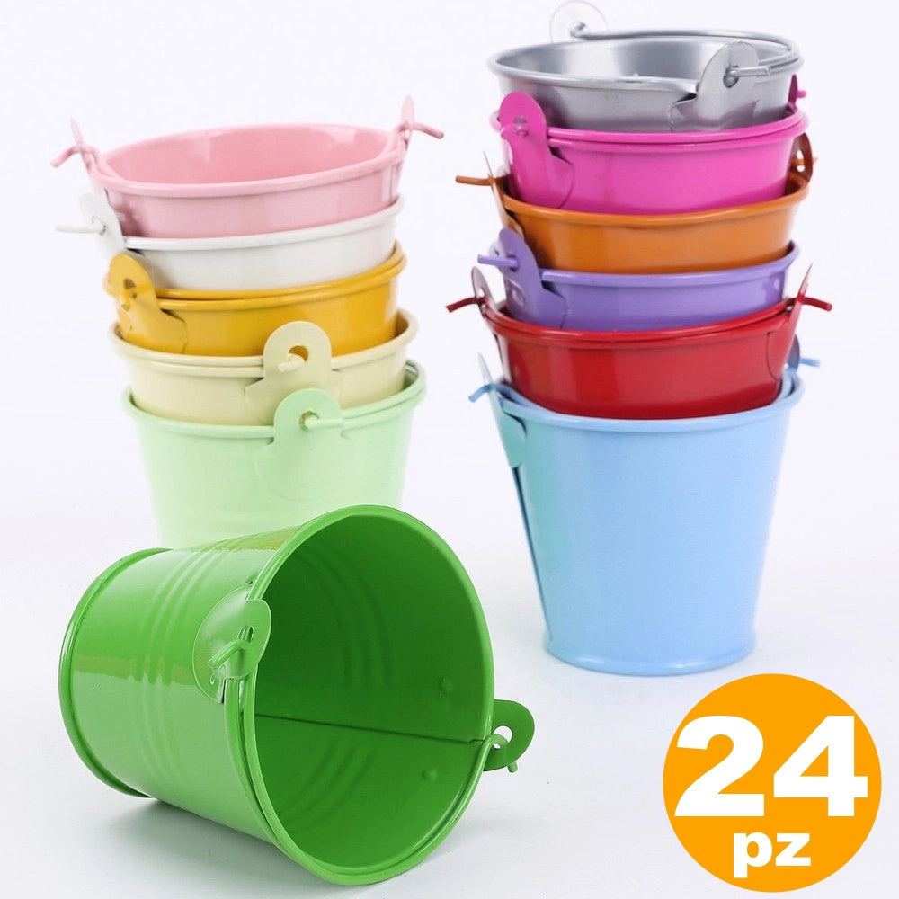 Trade Shop - 24 Secchielli In Latta Colorati Portaconfetti Bomboniera Segnaposto Segnatavolo -