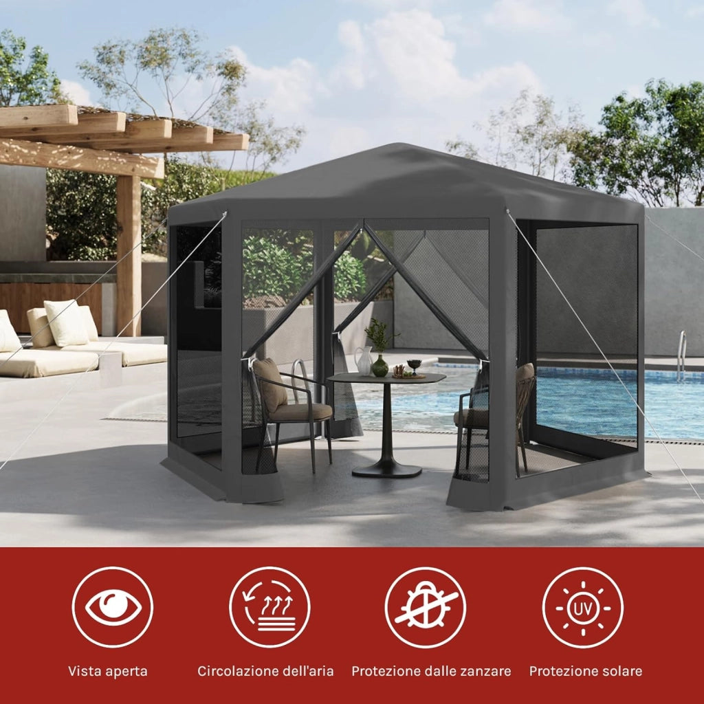 Gazebo da Esterni, Pergolato da Giardino, Gazebo Pieghevole e Impermeabile, con Pareti Laterali a Zanzariera, Esagonale, per Campeggio, Feste, 3,8x3,3m, Grigio