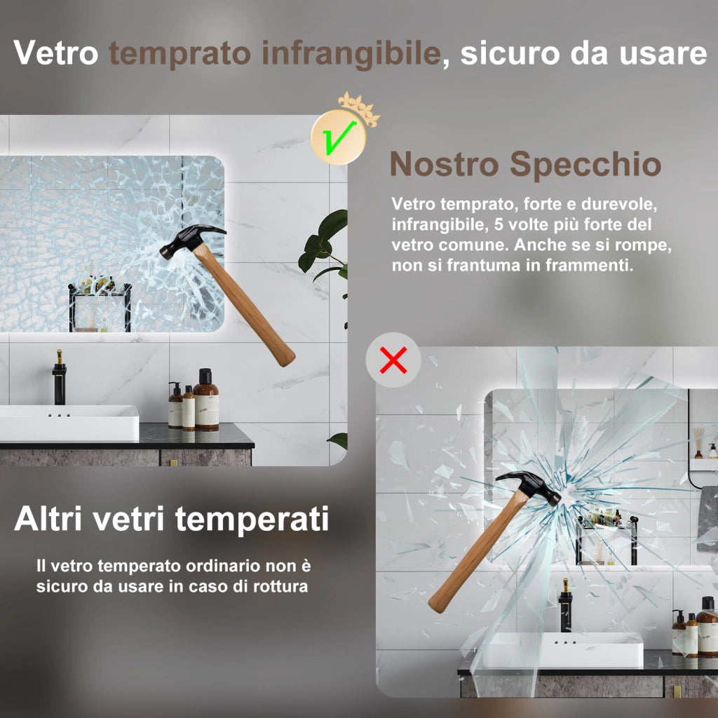 AICA Specchio da bagno 50 x 70 cm, dimmerabile, interruttore touch, Funzione Memoria