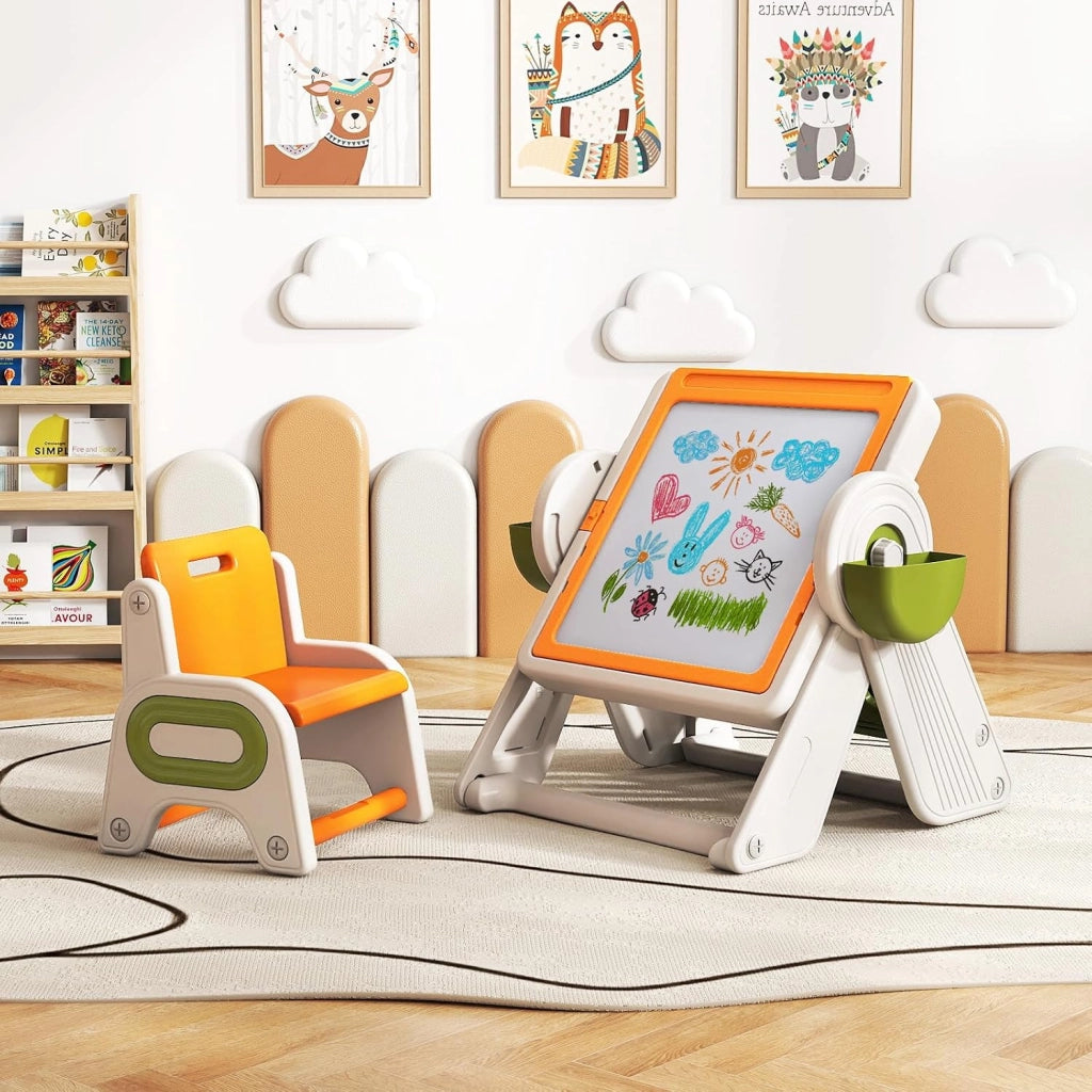 Set Tavolo e Sedia 6 in 1 per Bambini 18+ Mesi, Tavolino Pieghevole con Piano Reversibile, Porta Penne, Cesti Contenitori e Scaffale, Tavolo Salvaspazio per Giochi per Cameretta (Arancione)