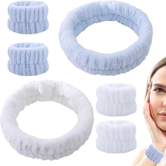 2 set di cuffie per viso, 4 set di bende per polso, elastici per viso morbidi, bende per polso, cuffie per viso, idonee per cura della pelle, trucco, spa, doccia (blu, bianco) - blu e bianco