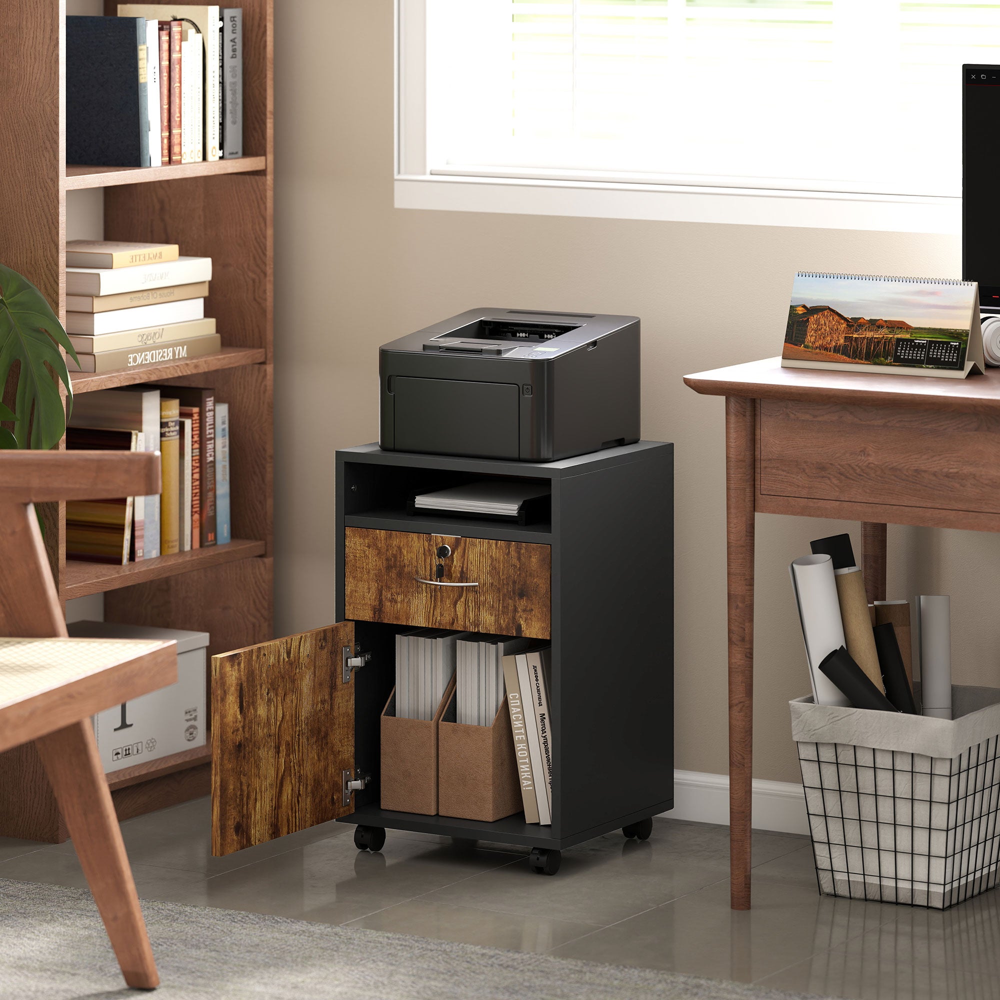 Mobiletto Ufficio con Cassetto e Ruote 40x35x60 cm in Legno Marrone