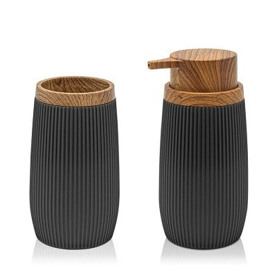 Set accessori bagno con dispenser e portaspazzolini nero cannettato ed effetto legno Blob